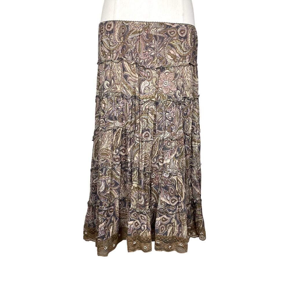 Vtg Nostalgia Tiered Ruffle Lace Paisley Hippie Boho Cottage Fairy Midi Skirt L